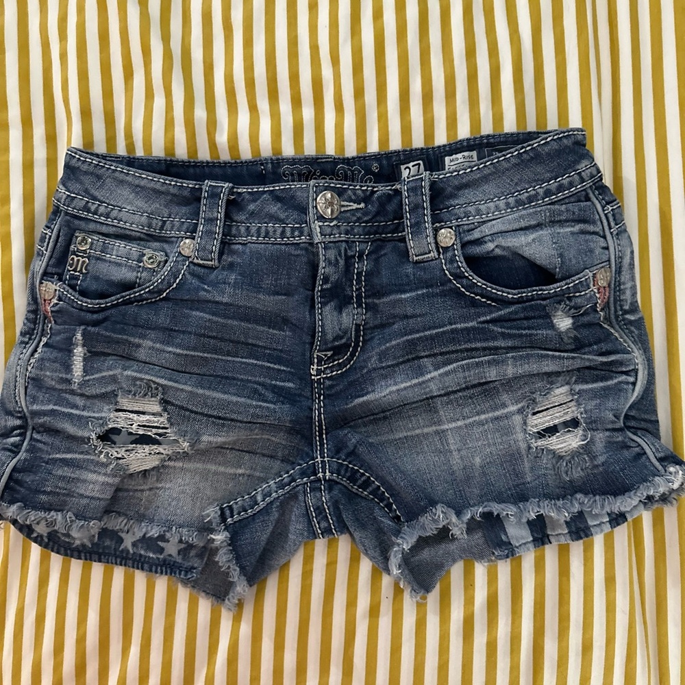Miss Me  Mid-Rise Stretch “Patriotic” Distressed Blue Jean Shorts